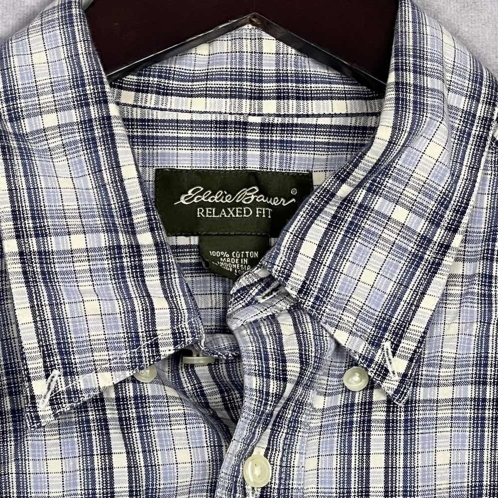 Eddie Bauer Men's Shirt Large Blue/Gray Plaid‎ Relaxed Fit Button Up Cotton